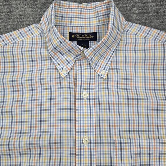 Brooks Brothers Shirt Mens Large Blue Plaid Short Sleeve Button Down Non Iron - Picture 10 of 16